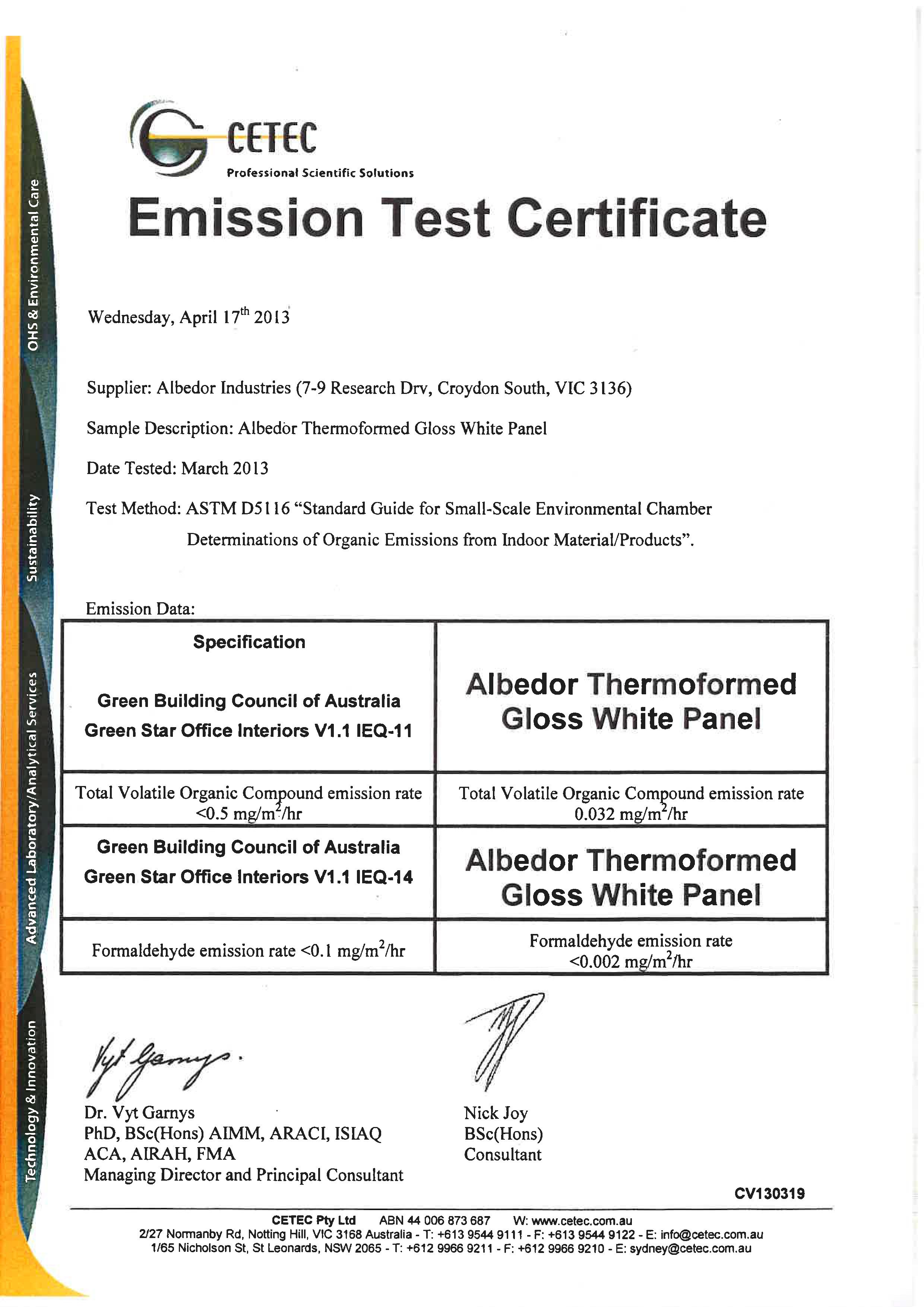 Albedor Emission Test Certificate