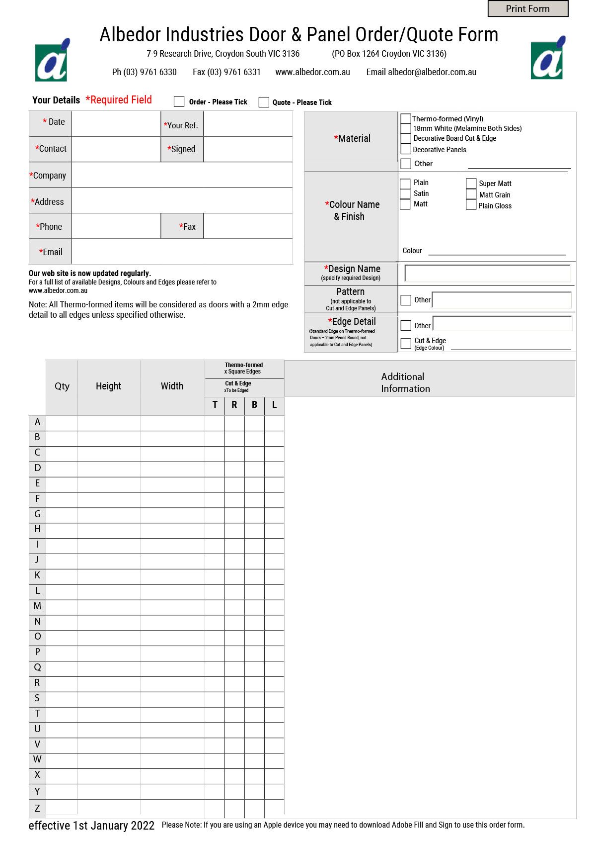 Albedor Door and Panel Order Form
