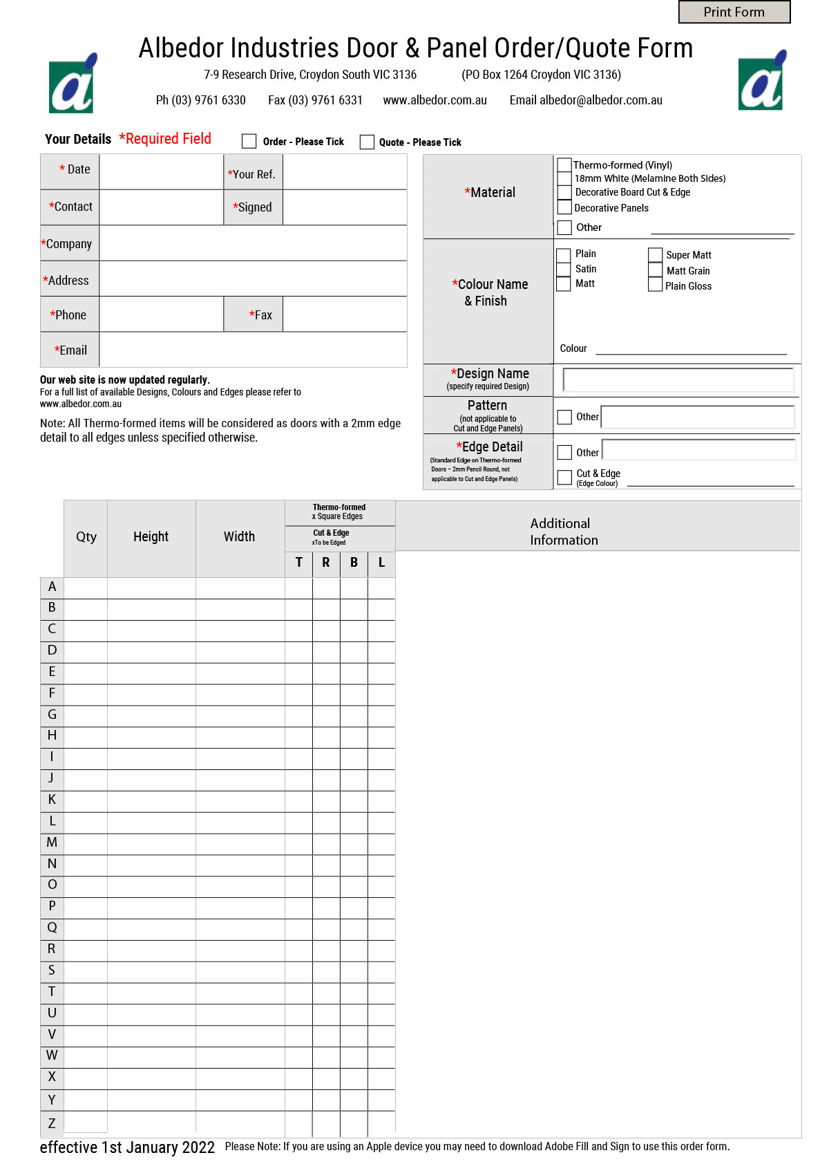 Albedor Door and Panel Order Form
