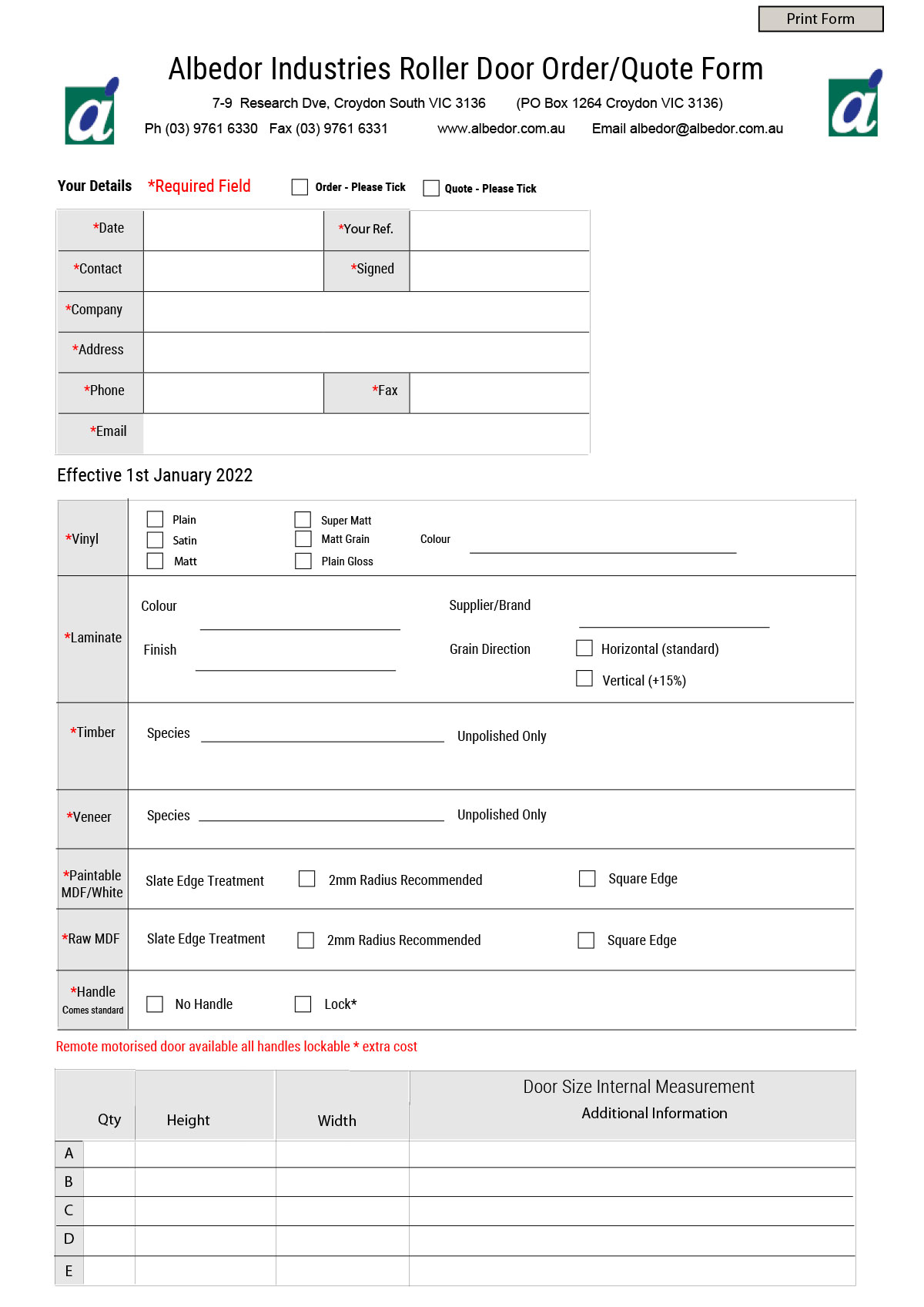 Albedor Roller Doors Order Form